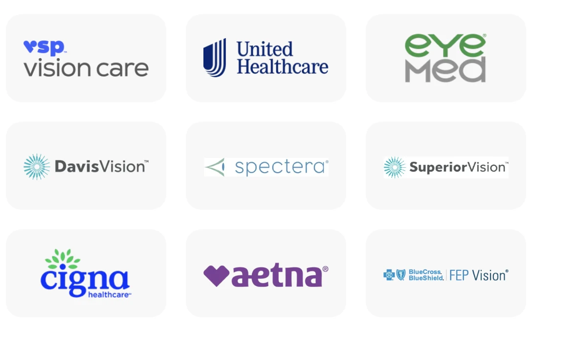 Vision and medical insurance plans accepted by Metro Eyes, including VSP Vision Care, UnitedHealthcare, EyeMed, Davis Vision, Spectera, Superior Vision, Cigna, Aetna, and FEP Vision